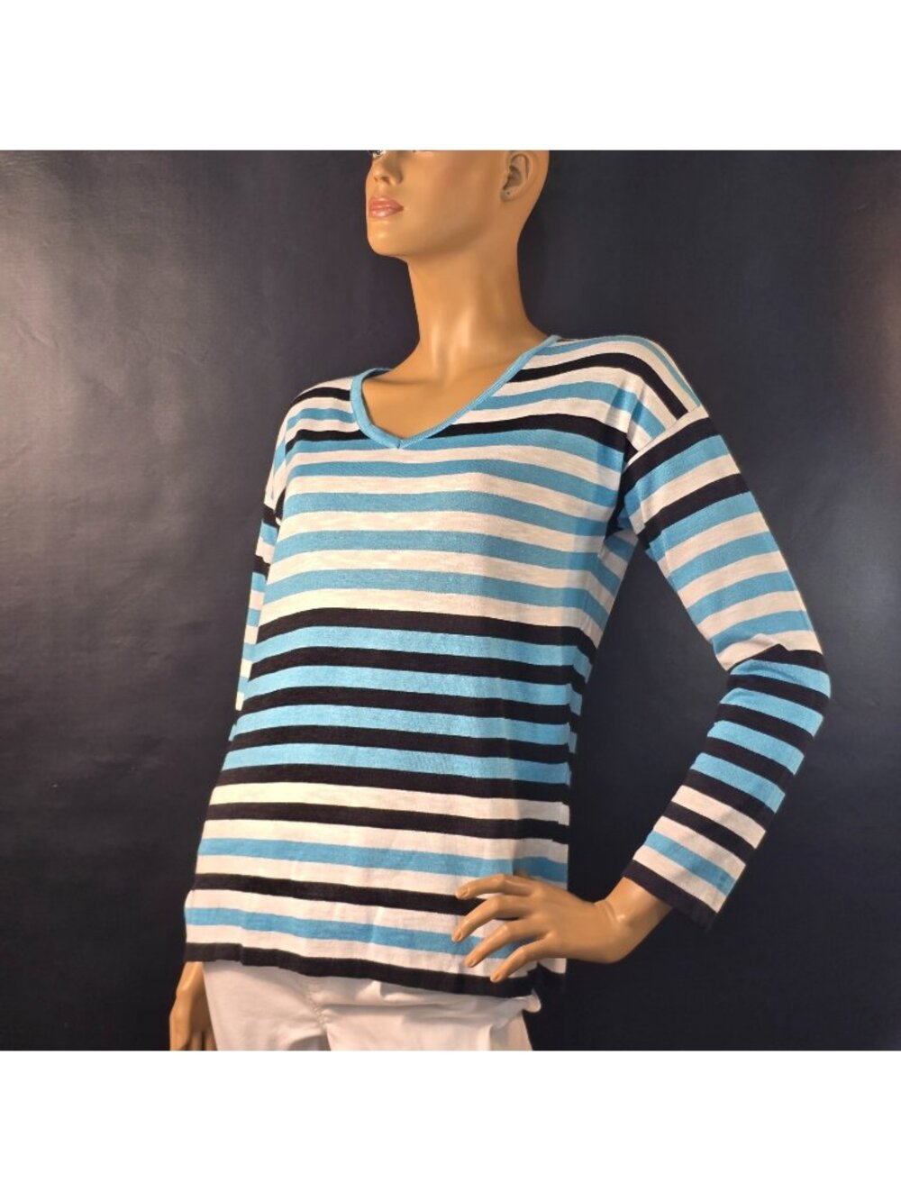 French Kyss Summer Sweater Blue White Striped Women Oversized Small Cotton Blend
